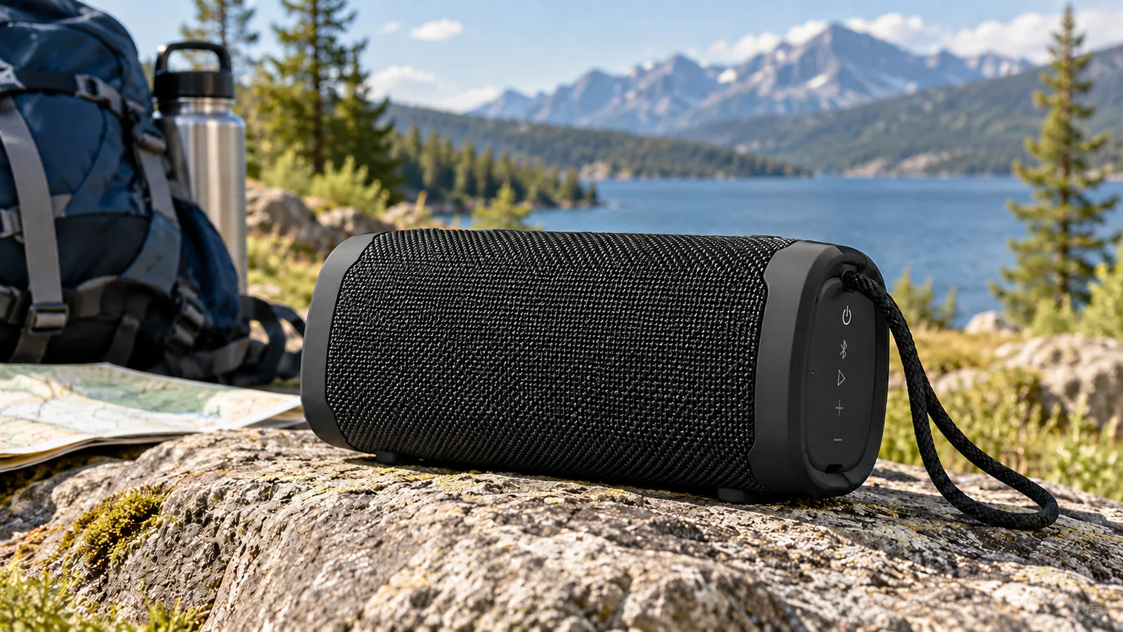 A generic woven portable speaker on a rocky lakeside campsite.