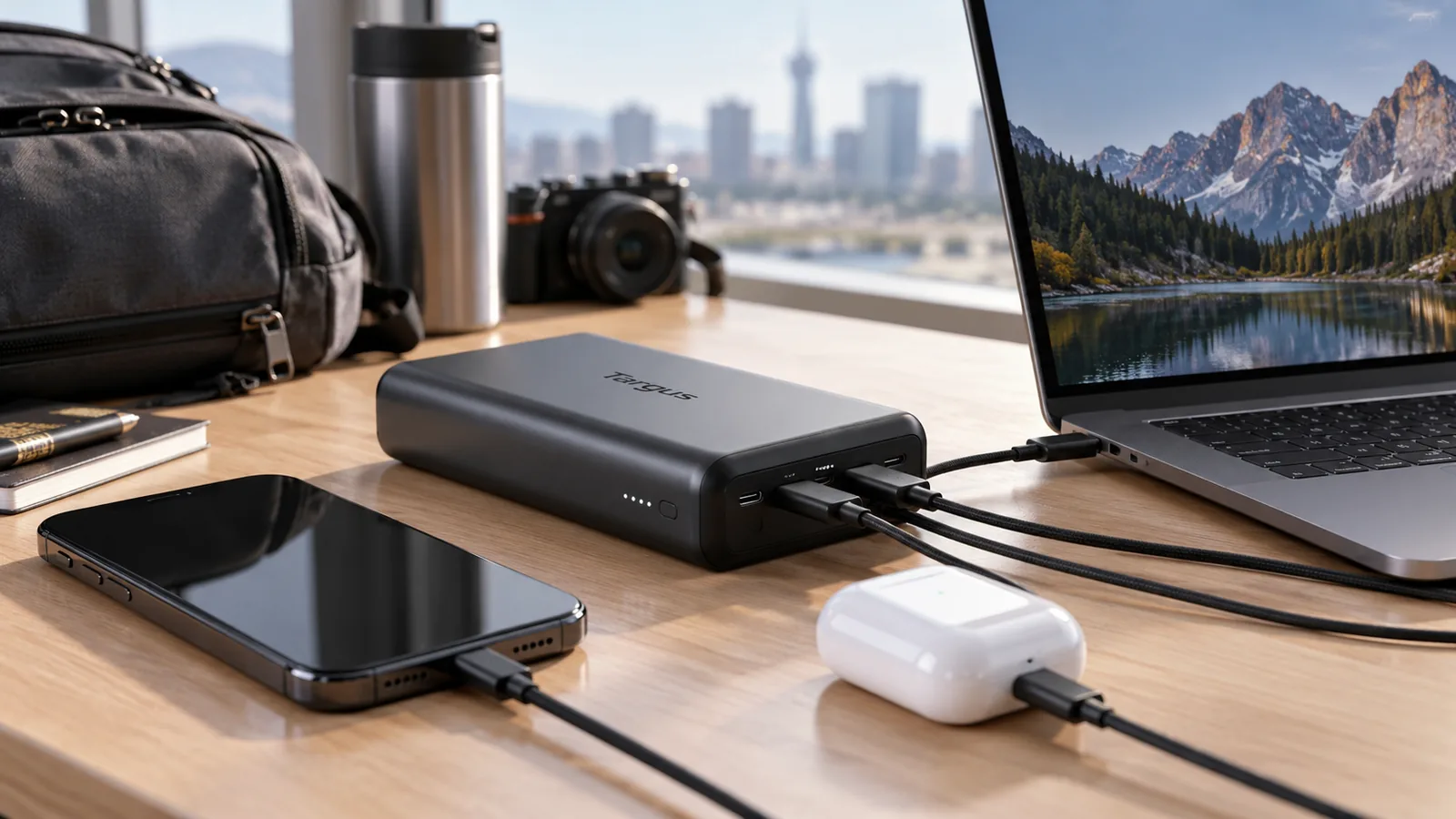 A USB-C power bank is connected to a laptop and smartphone on a travel workspace.