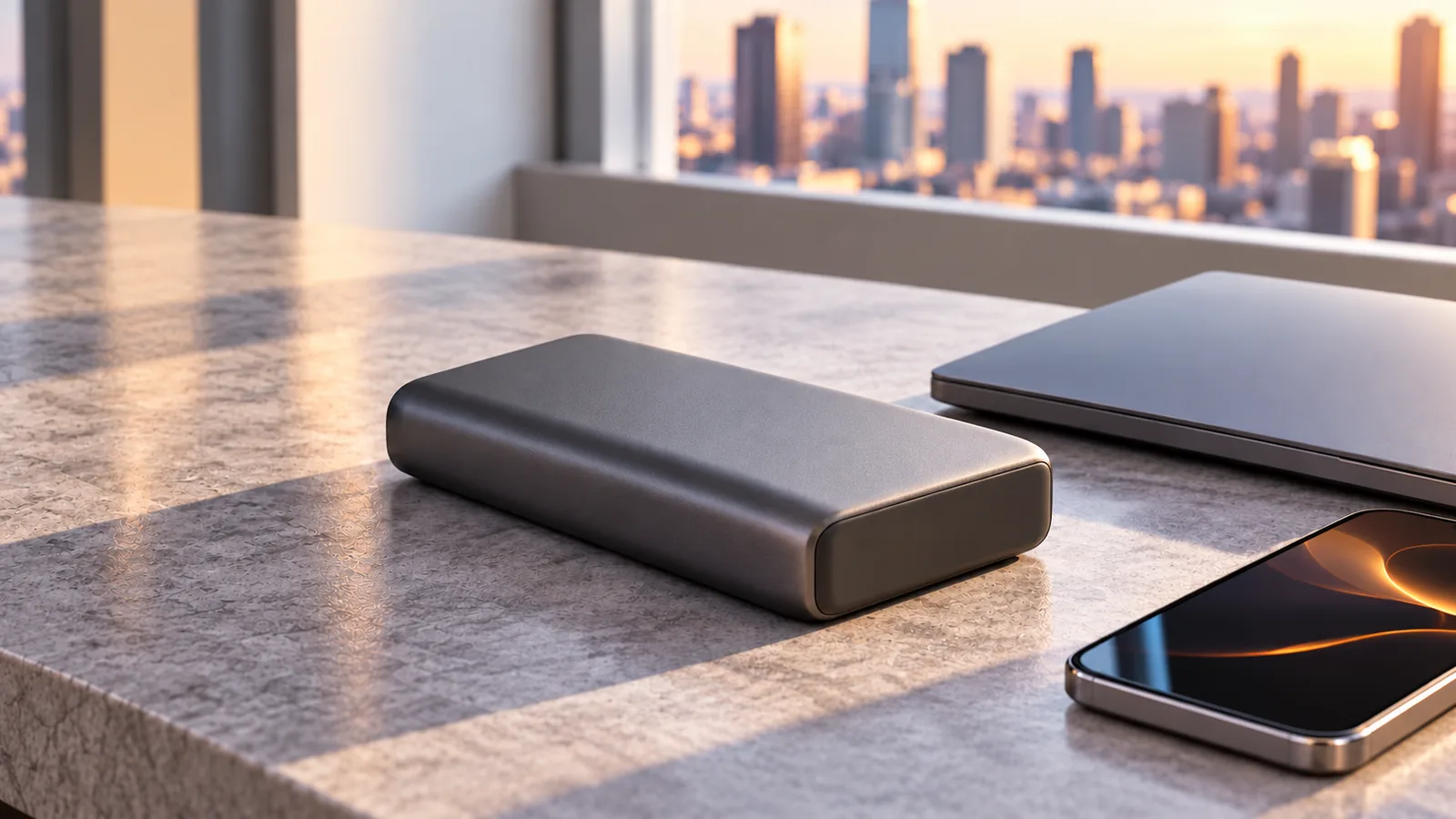 A generic unbranded portable battery beside a closed laptop and phone on a desk.