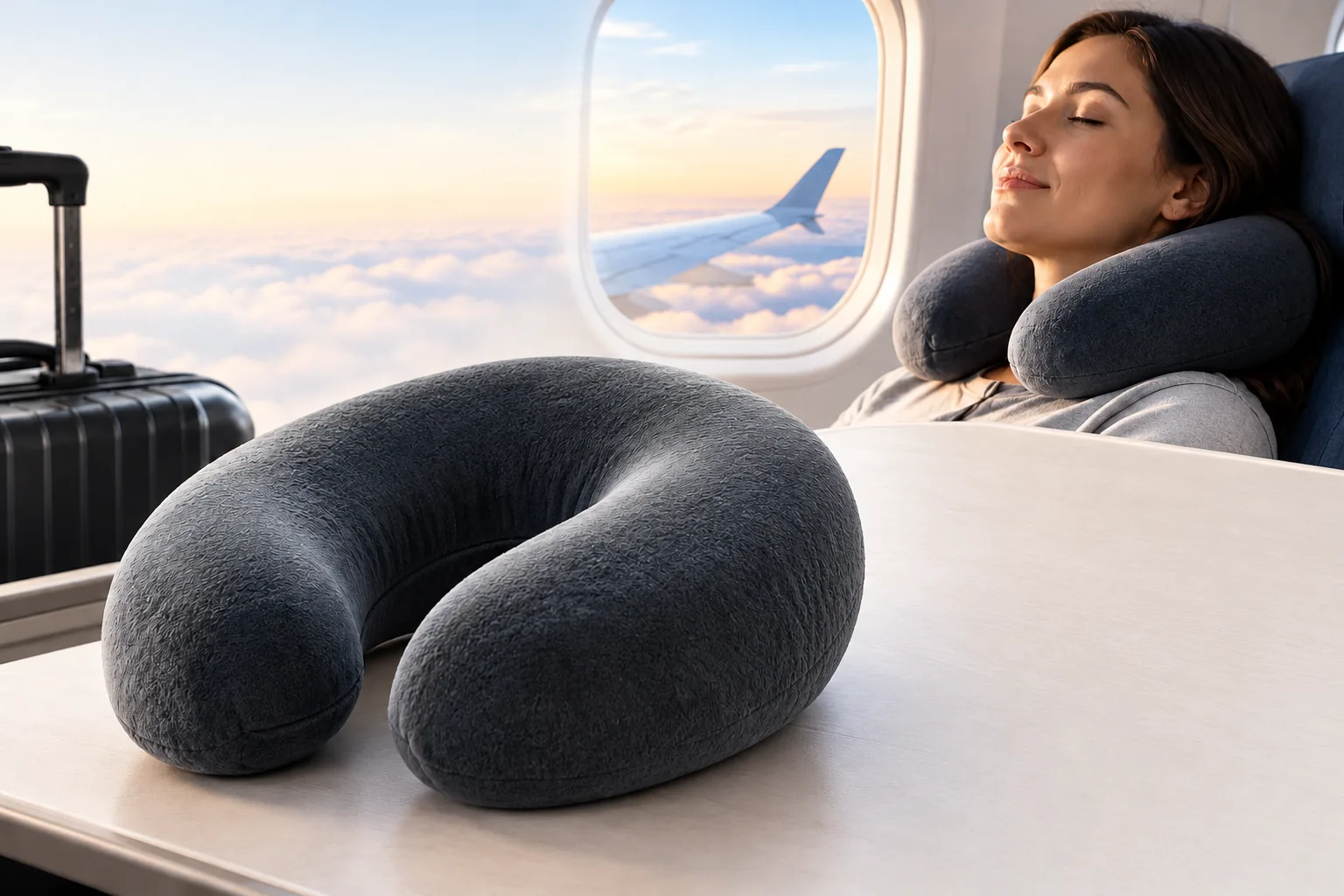 An unbranded gray U-shaped travel neck pillow rests on a tray table beside a passenger wearing a similar style on a plane.