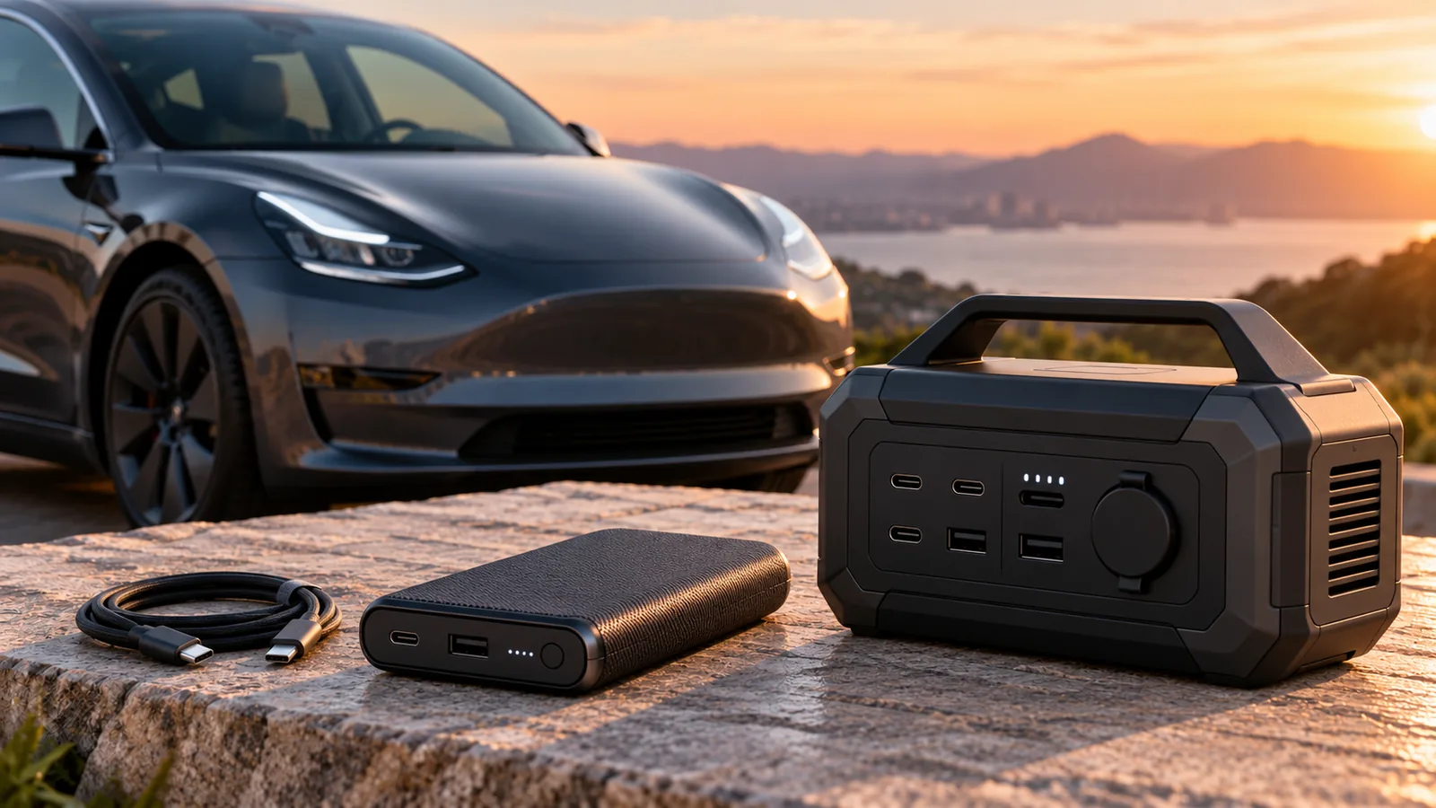 A compact power bank and a larger portable power station sit beside charging cables and an electric sedan.
