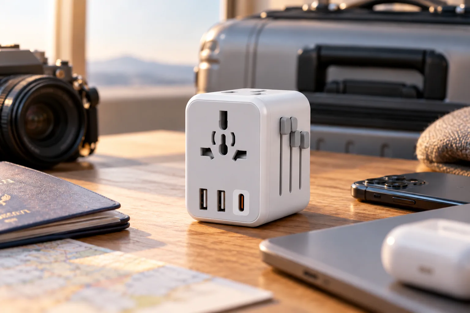 A white universal travel adapter with several USB ports stands on a table beside travel items.