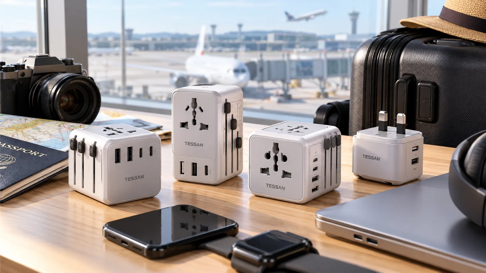 Several TESSAN travel adapters with universal socket openings arranged on a table beside luggage and travel items.