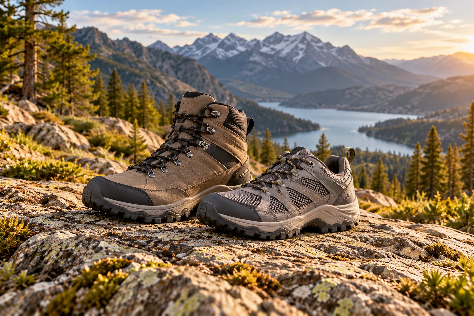 A mid-height hiking boot and a low-cut trail shoe sit on a rocky mountain trail.