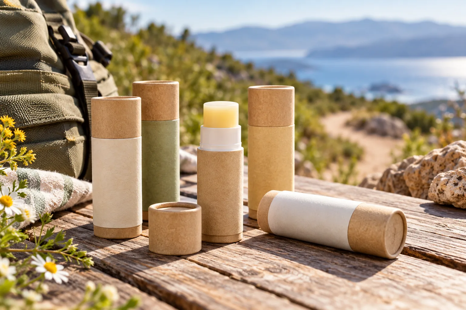 Unlabeled lip balm tubes, including one open balm, arranged on a sunlit wooden table.