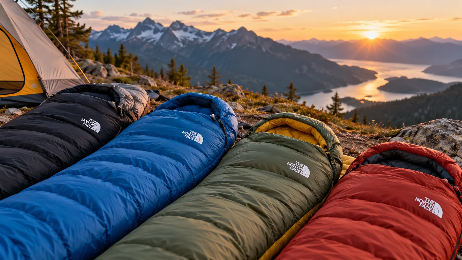 Several colorful camping sleeping bags are arranged outside a tent at sunset.