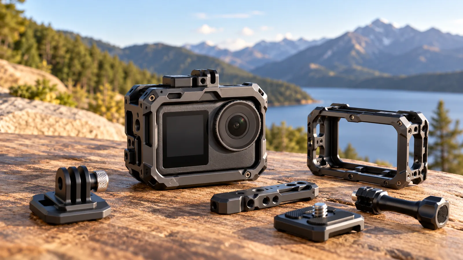 A generic action camera in an unbranded metal cage with mounting accessories.