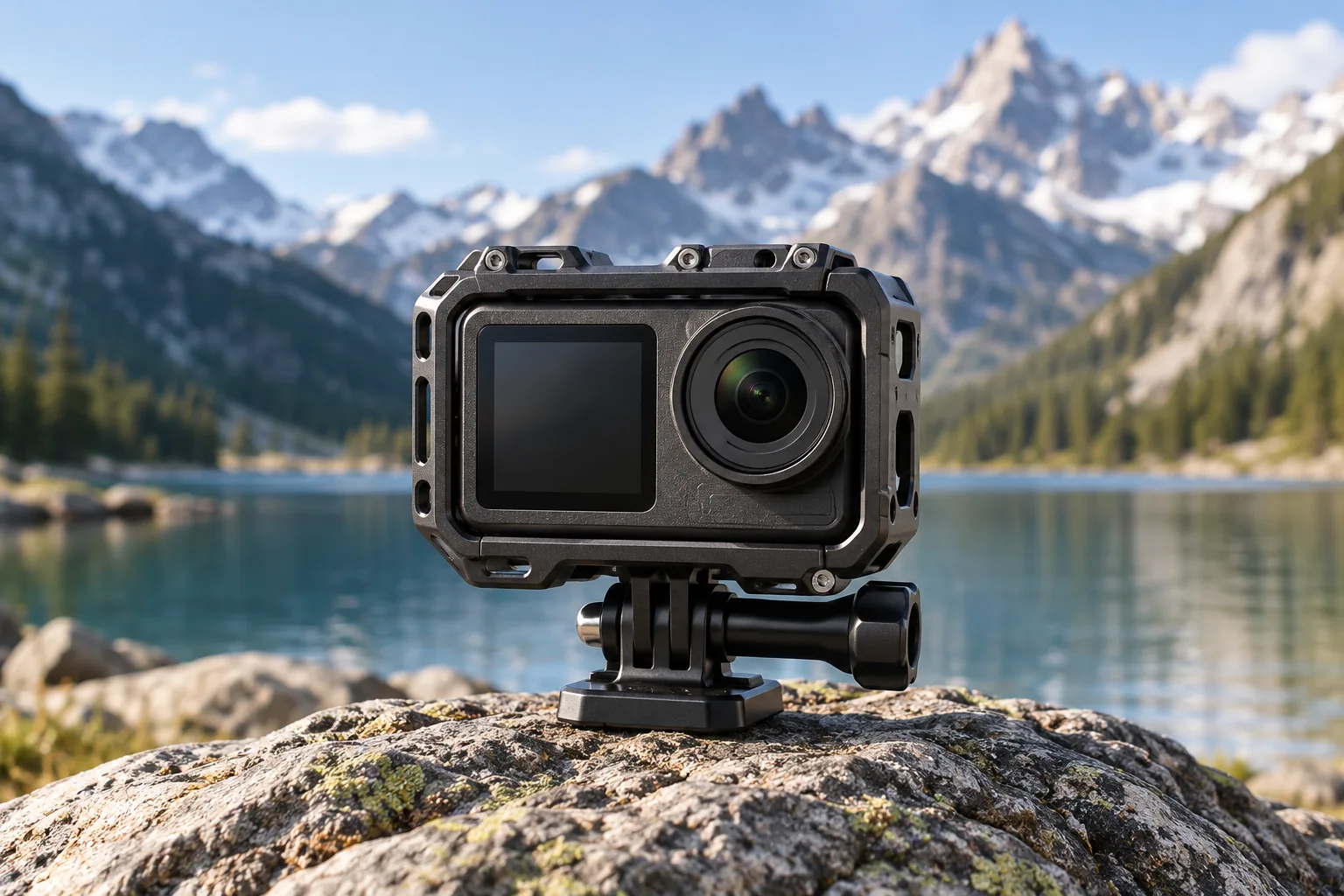 An unbranded action camera in a dark cage on a support beside a mountain lake.