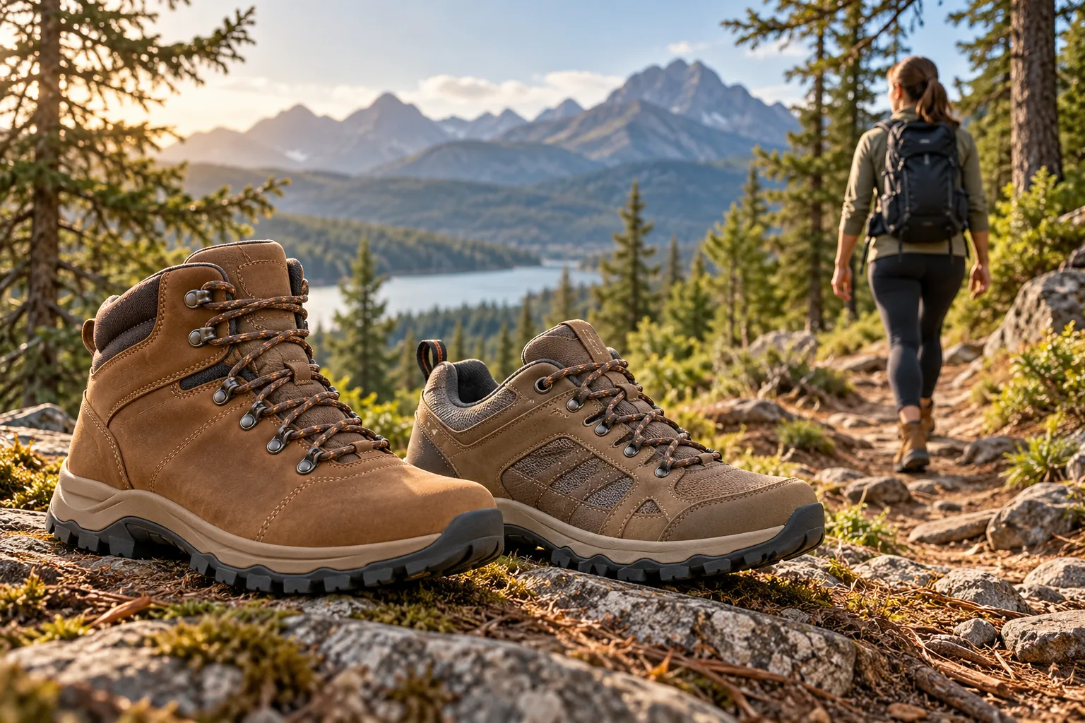 A brown mid-height hiking boot and a low-cut hiking shoe sit on a rocky trail, with a woman hiker in the background.