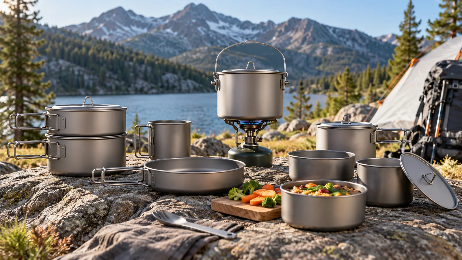 A set of metal camping pots and pans is arranged beside a campsite stove.