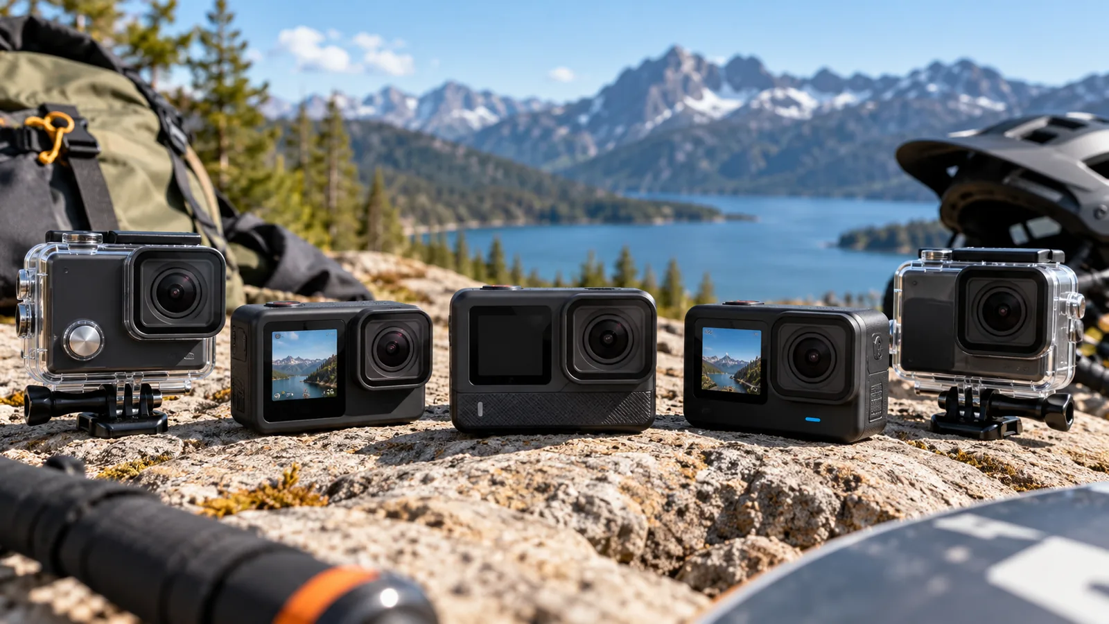 Several compact action cameras, including two in clear housings, displayed on a rocky mountain overlook.
