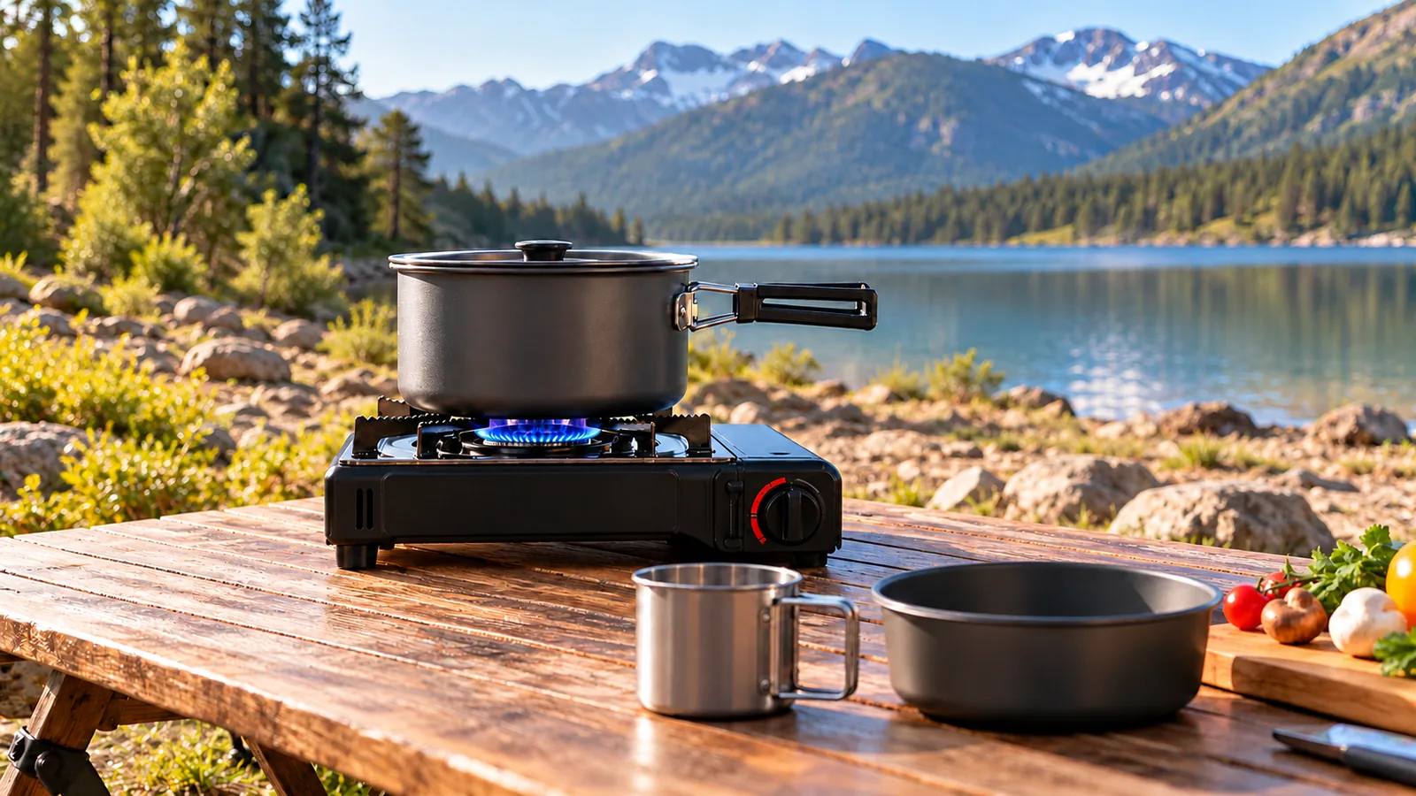 A portable butane camping stove supporting a pot on an outdoor wooden table beside a mountain lake.