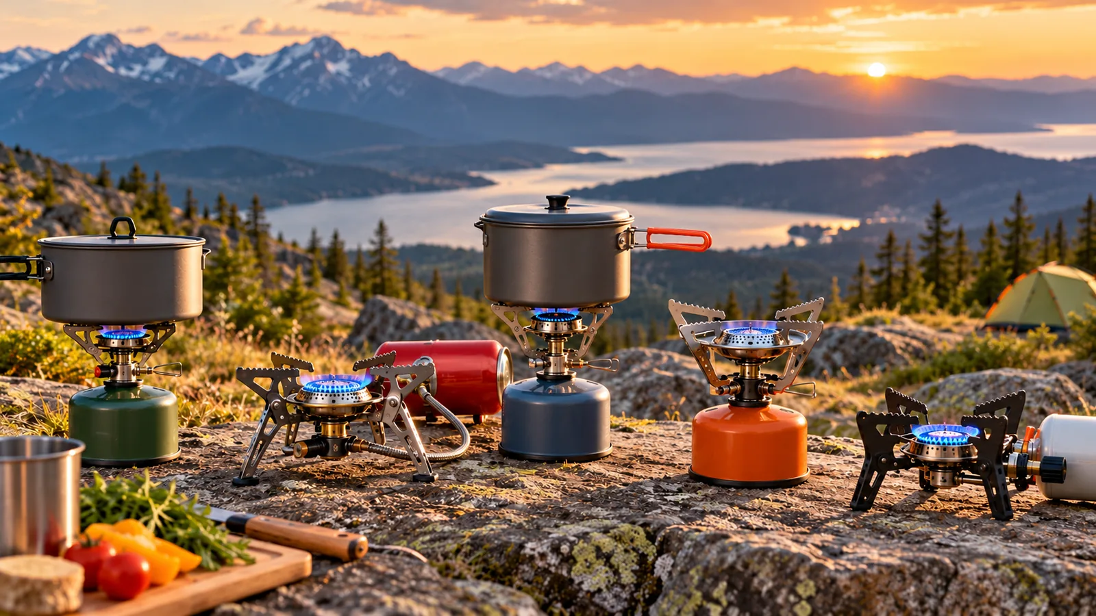 Several compact gas burners with stable cookware sit on open ground in a mountain campsite.