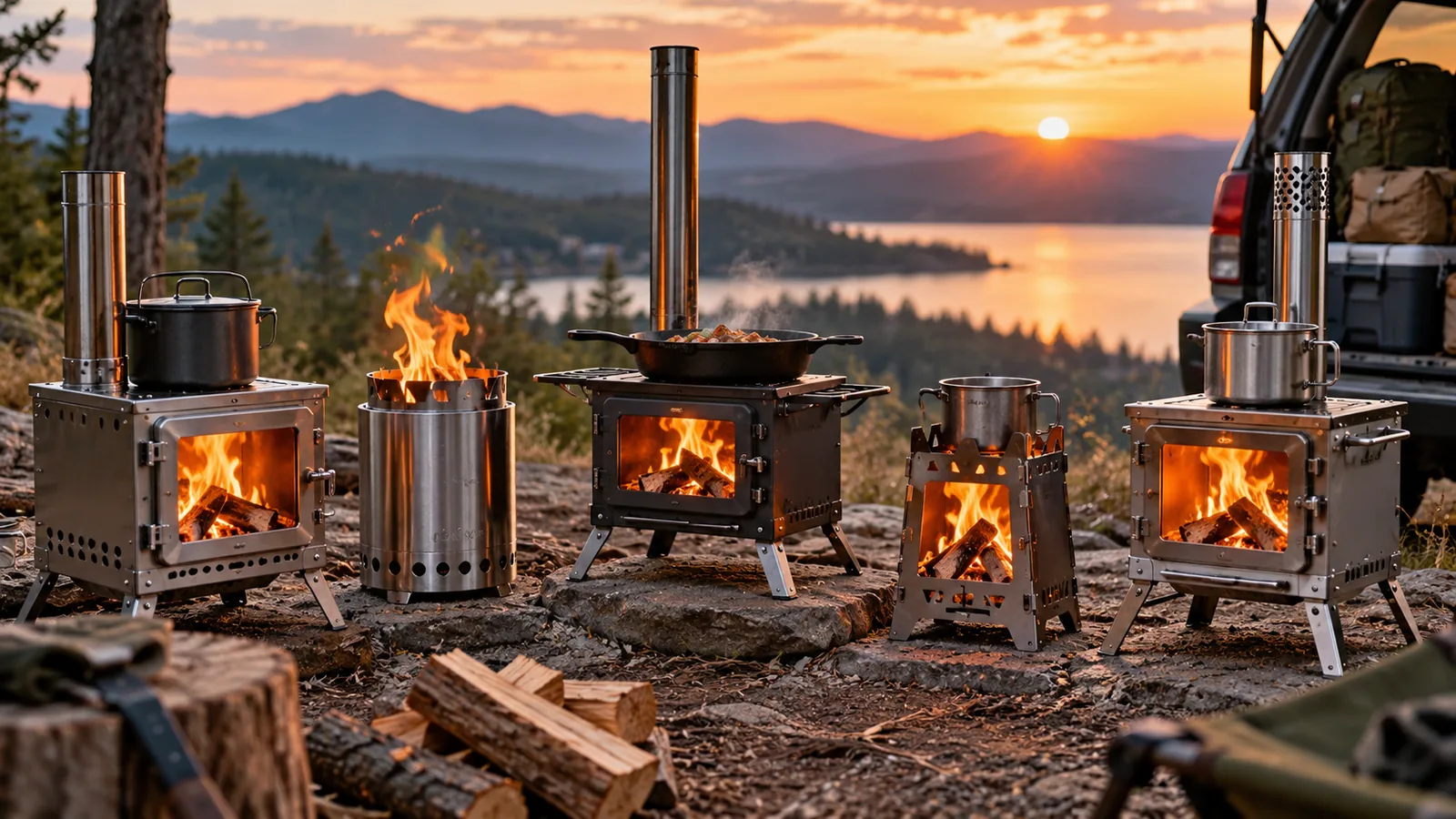 Several portable wood-burning stoves with stovepipes and cookware are arranged on a rocky campsite at sunset.