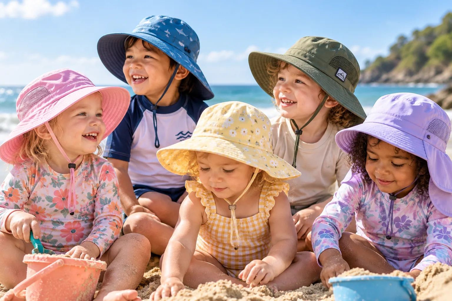 Toddlers wearing colorful wide-brim hats sit together on a beach.