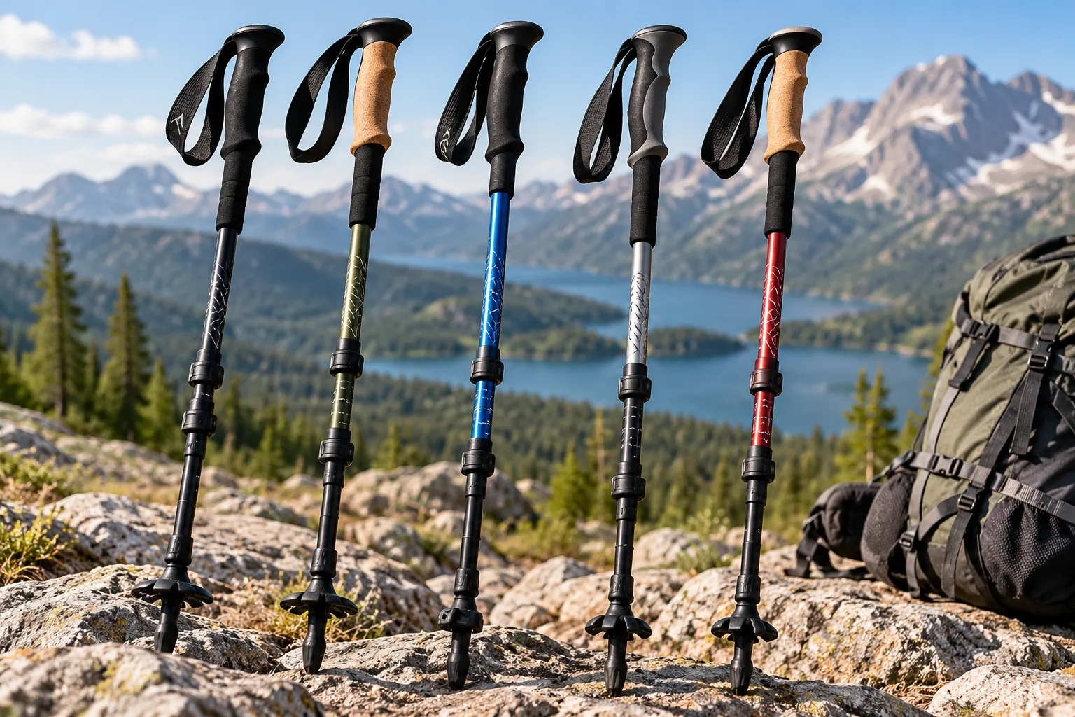 Five trekking poles with different shafts and grips stand on a rocky trail beside a backpack.