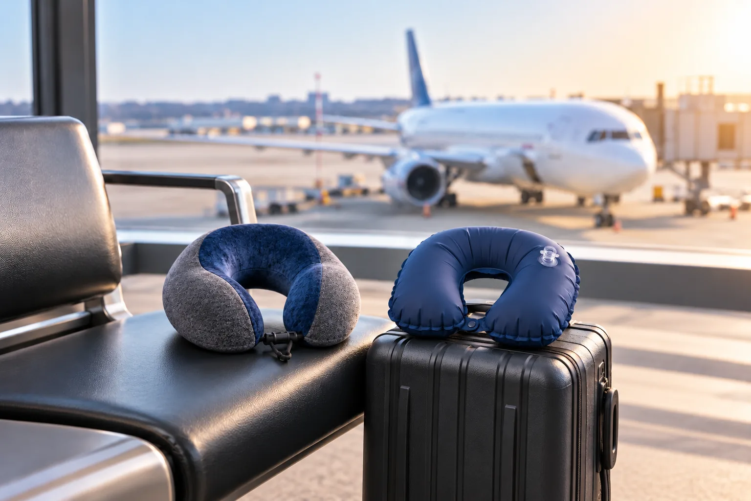 A fabric-covered memory foam travel neck pillow and an inflatable navy U-shaped travel pillow sit side by side on airport seating beside a suitcase.