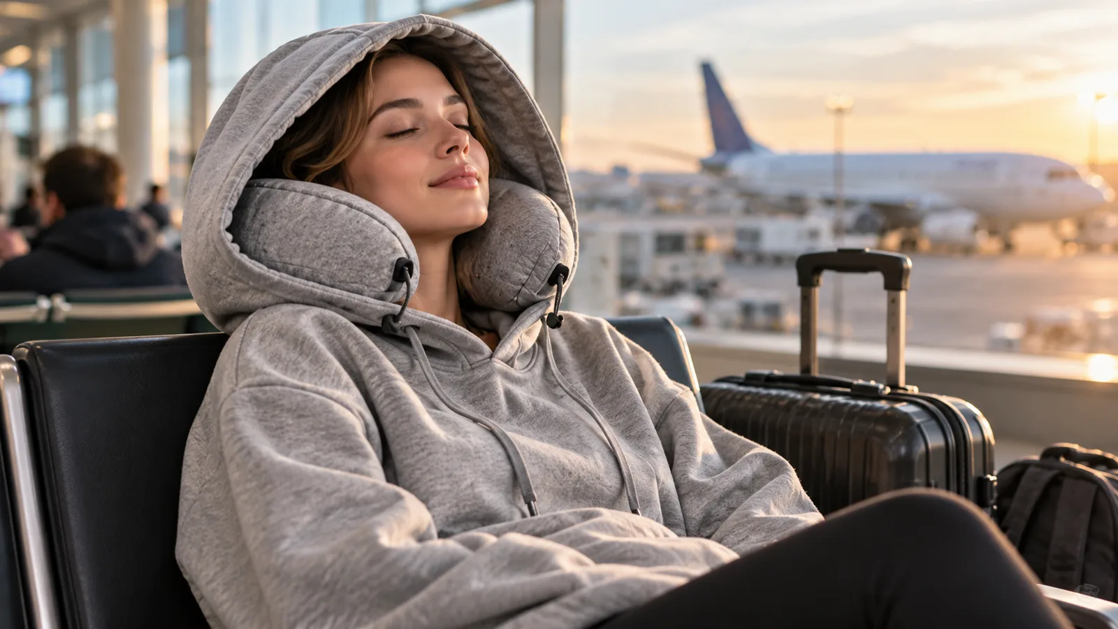 A traveler rests at an airport in a gray hoodie with an integrated padded neck pillow.