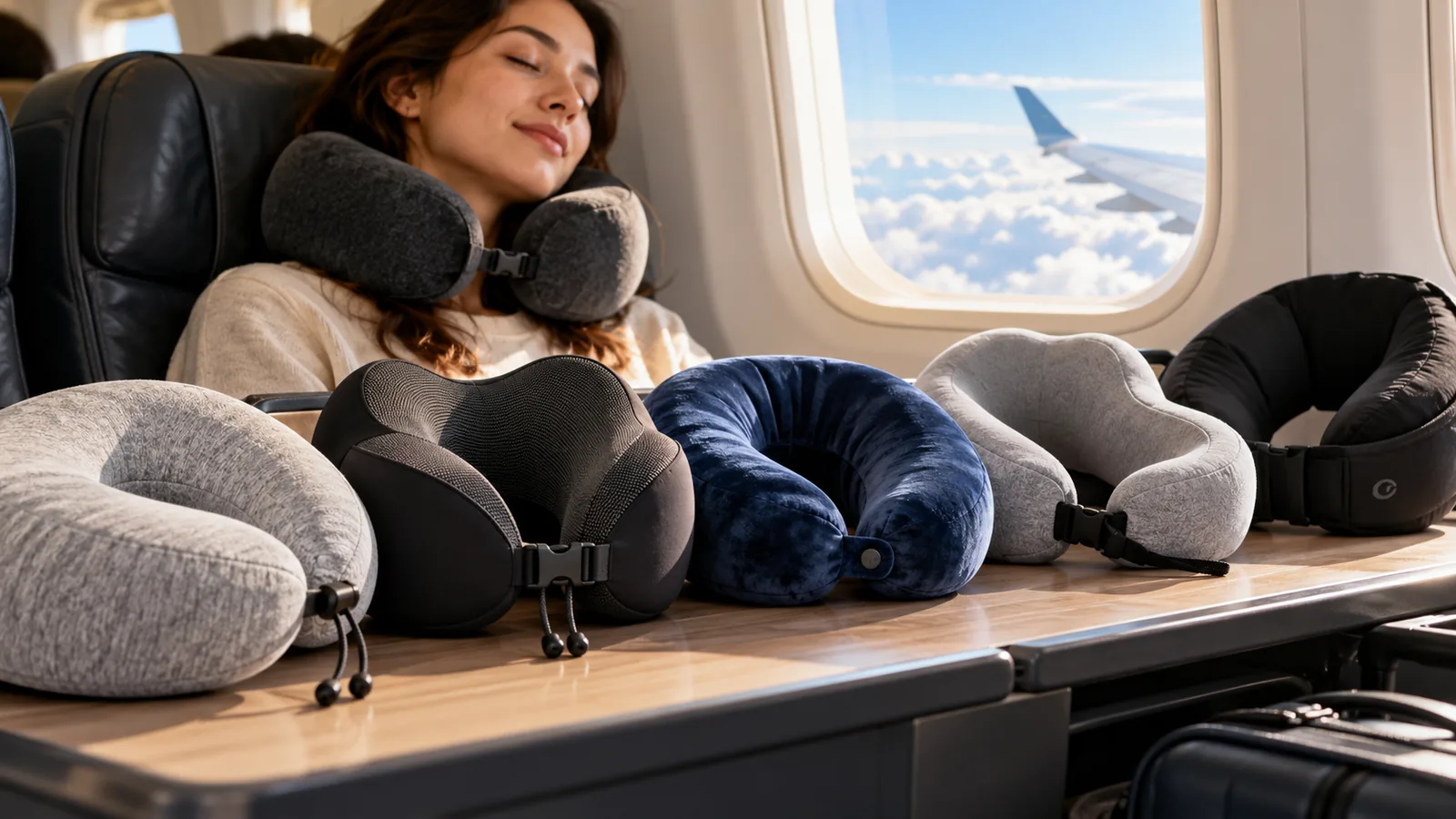 A traveler wearing a fabric neck pillow on an airplane, with several other travel neck pillows displayed on a nearby table.