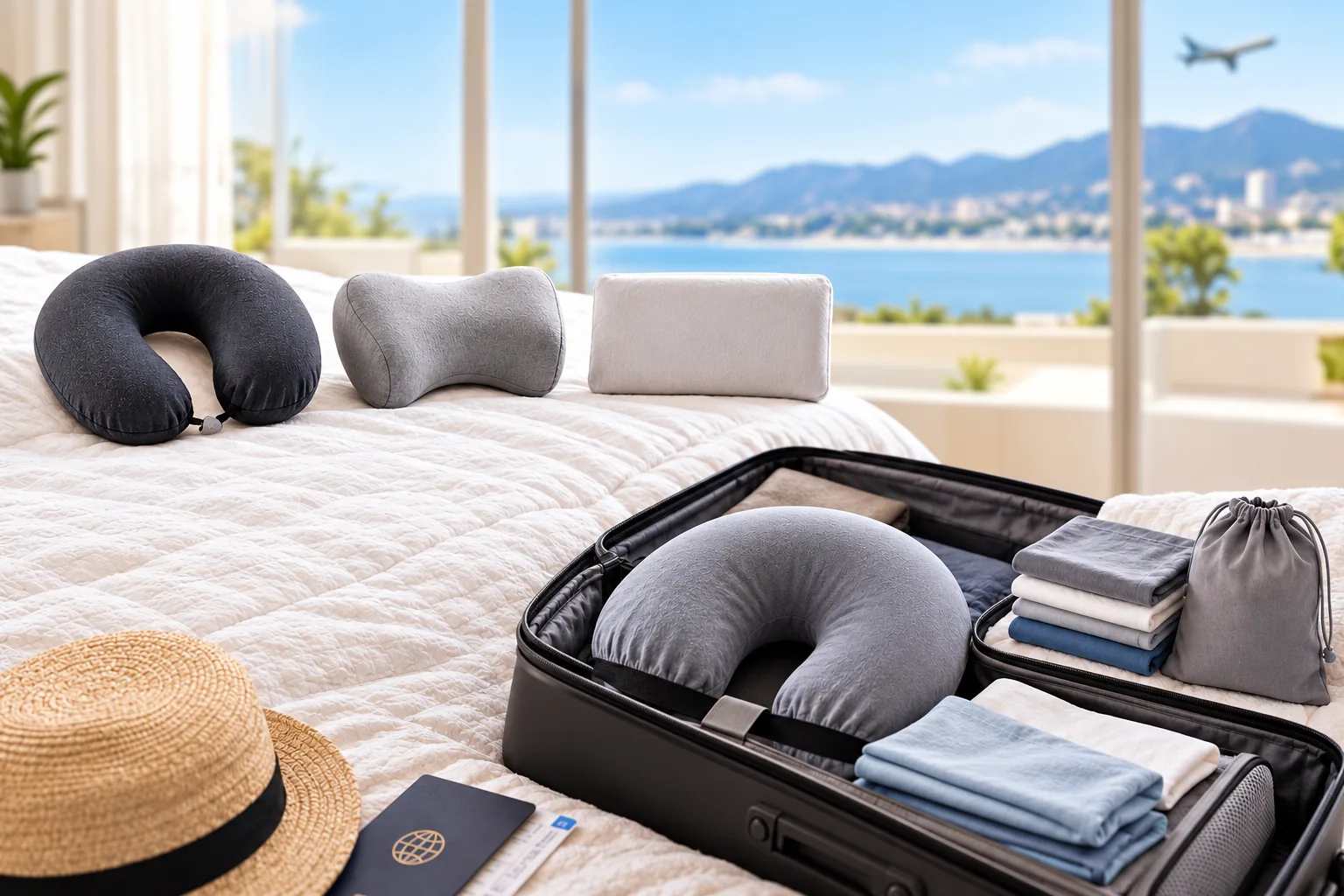 Fabric-covered travel pillows and folded spare covers sit on a hotel bed beside open luggage.