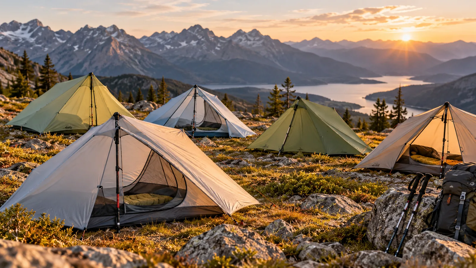 Lightweight trekking-pole tents are pitched on an alpine campsite.