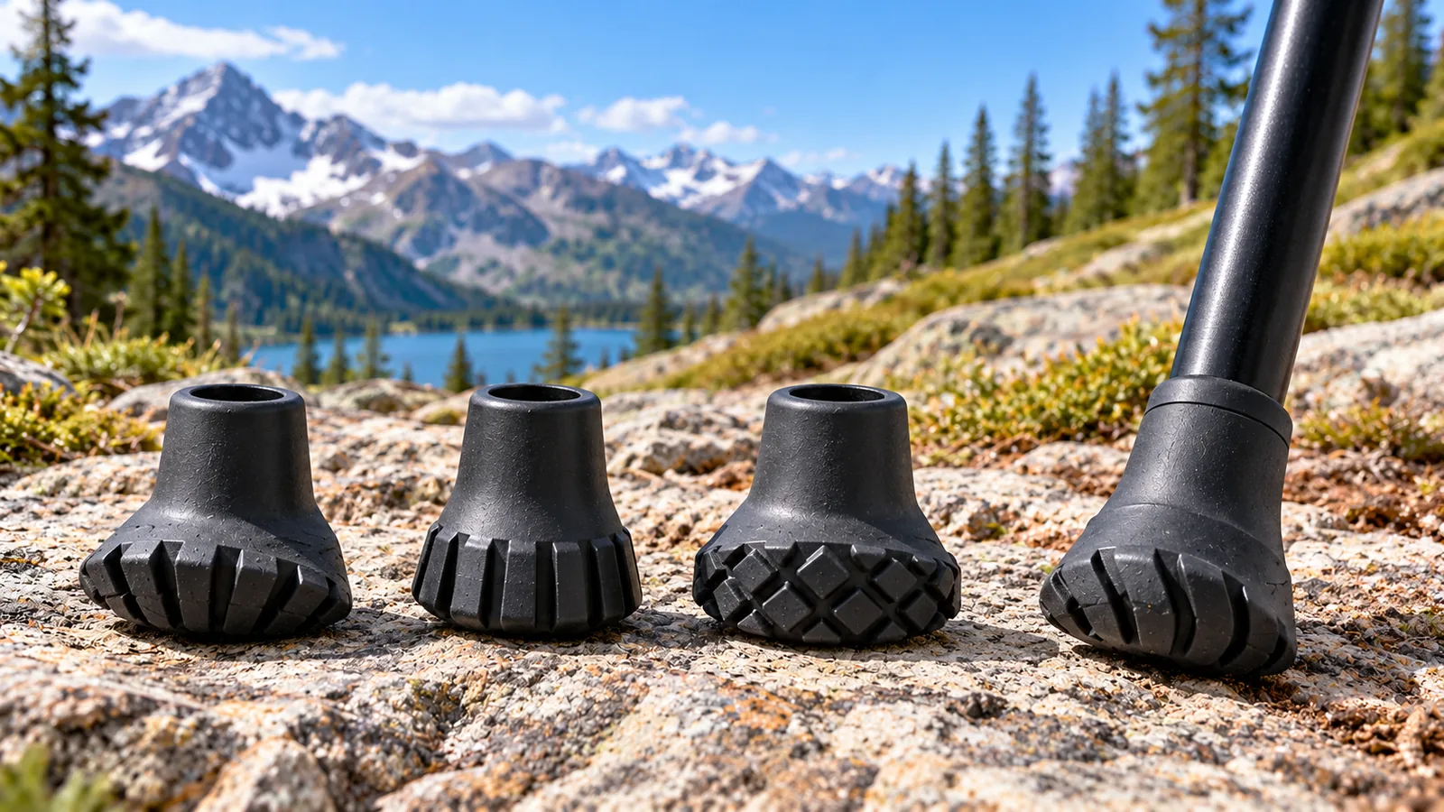 Three black rubber trekking-pole tips with different tread patterns, including one fitted to a pole shaft.