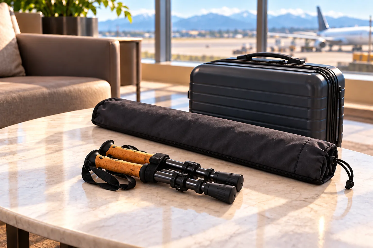 A pair of folded trekking poles with protective tip caps lies beside a padded sleeve and suitcase in an airport lounge.