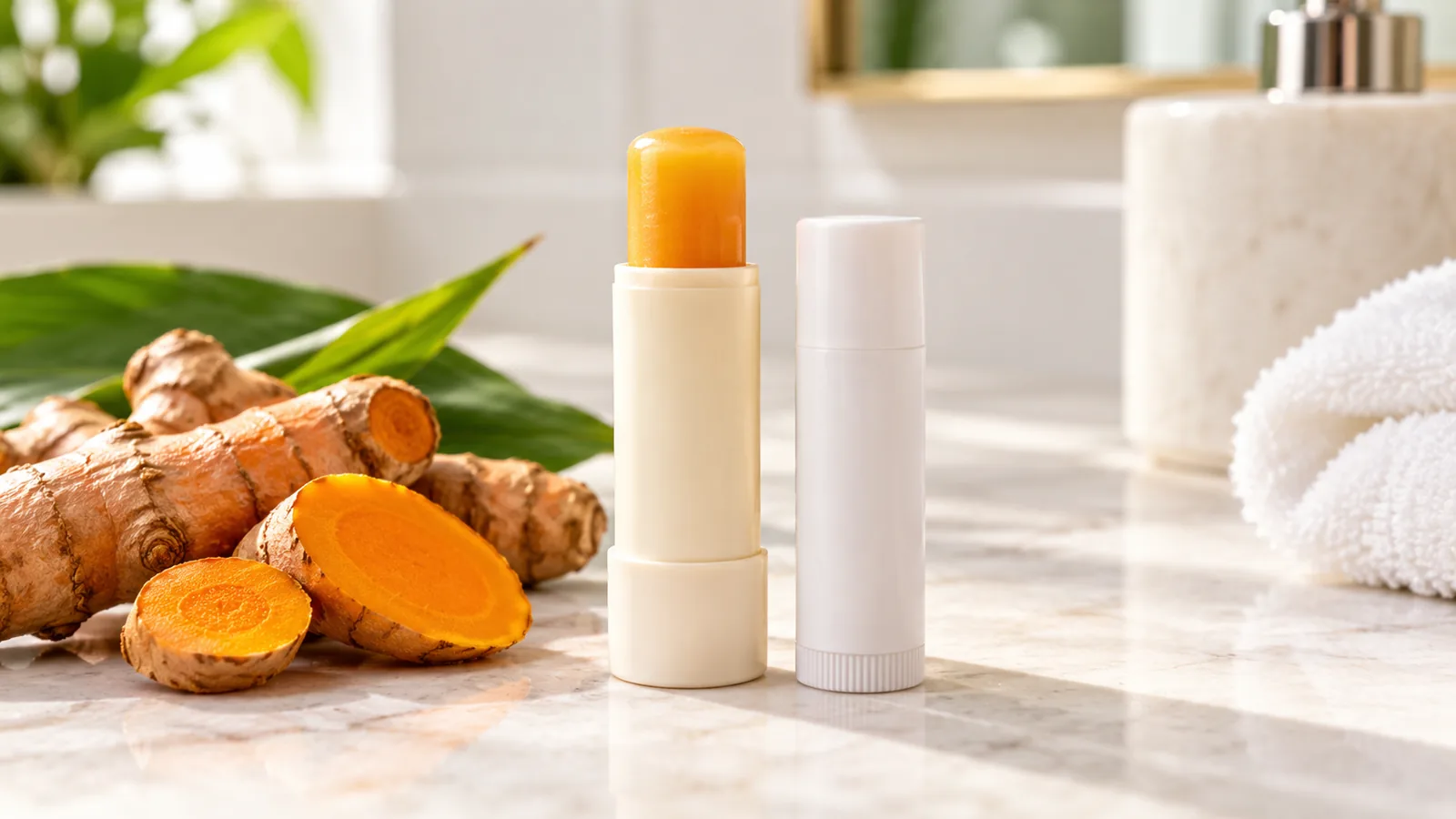Two unmarked lip balm sticks sit beside cut turmeric root on a bright counter.