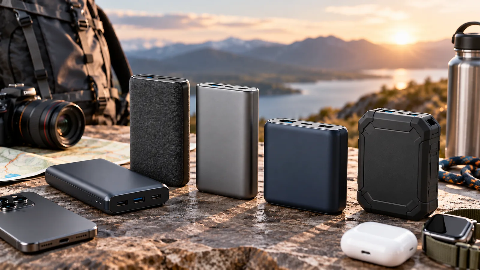 Several unbranded portable power banks in varied shapes sit beside travel gear outdoors.