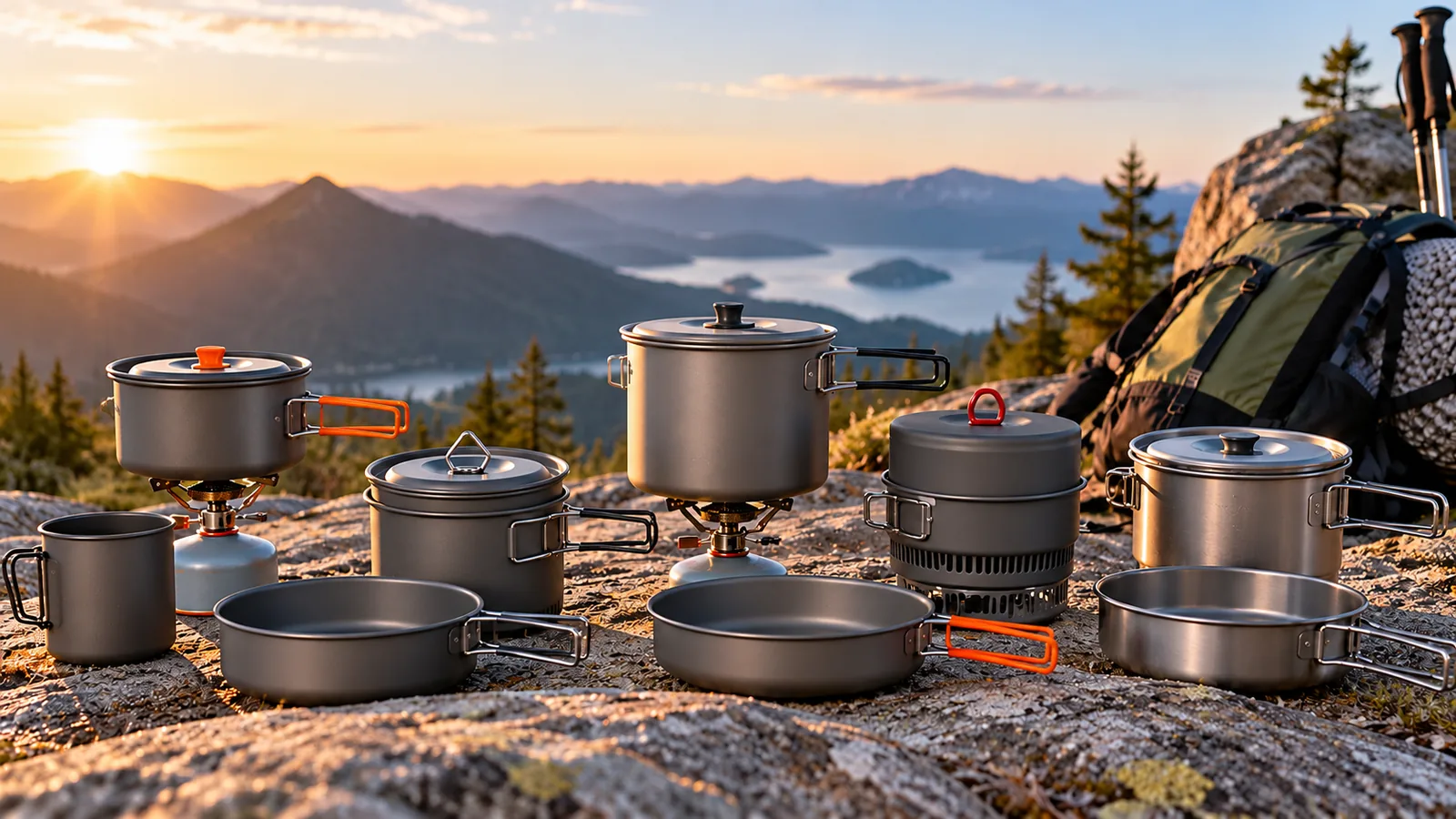Lightweight camping pots, pans and lids with folding handles are arranged at a mountain overlook.