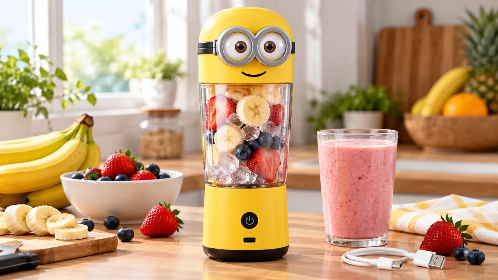 A yellow Minions-themed portable USB blender with fruit in its cup sits beside a smoothie and charging cable.