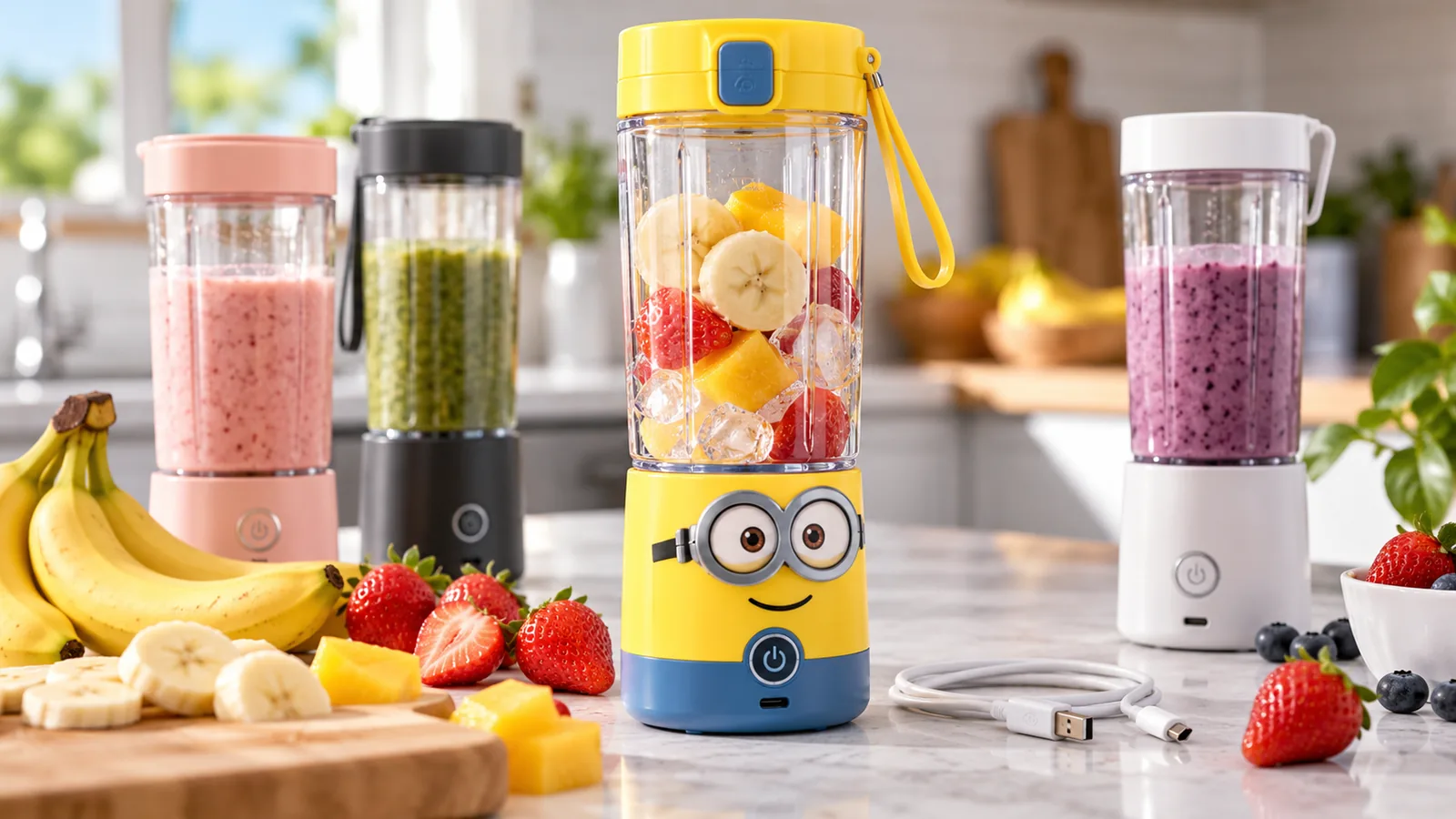 A yellow Minions-themed portable blender filled with fruit is displayed beside other blender cups and a charging cable.