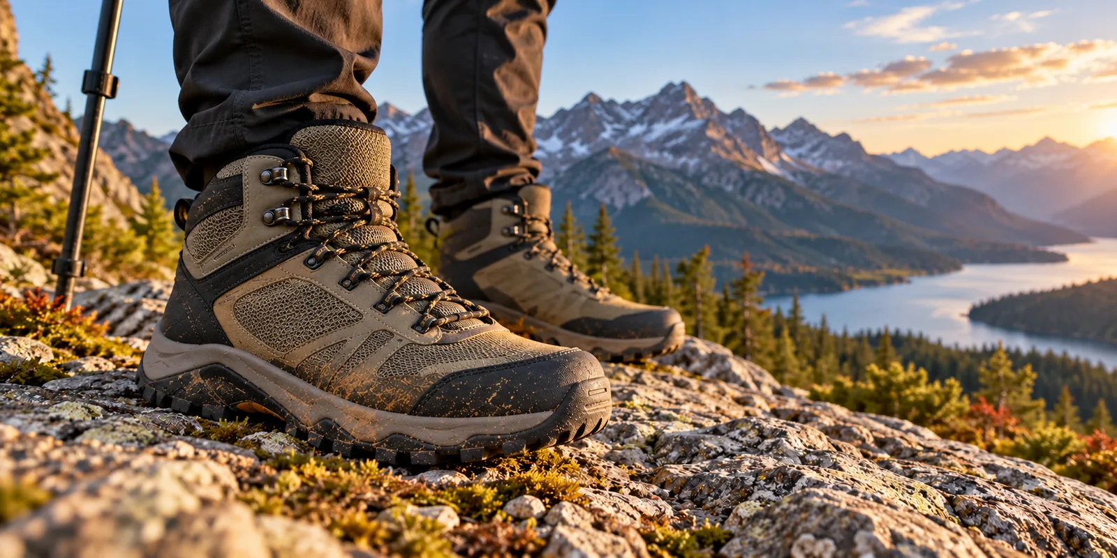 A pair of hiking boots on a rocky mountain trail.