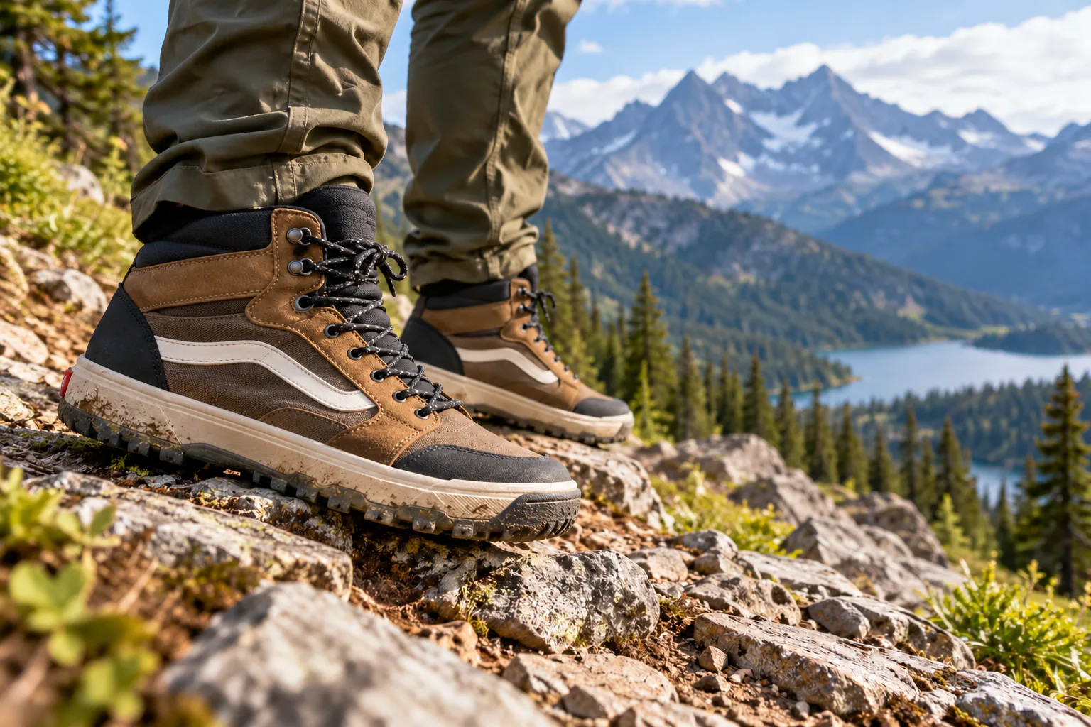 A pair of high-top hiking boots on a rocky mountain trail.
