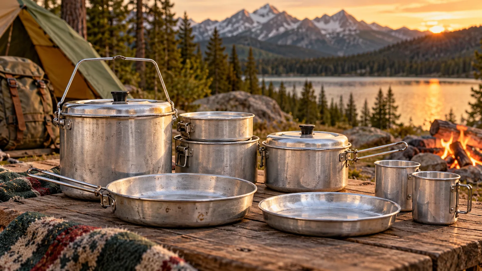 Vintage aluminum camping pots and pans are arranged at an outdoor campsite.