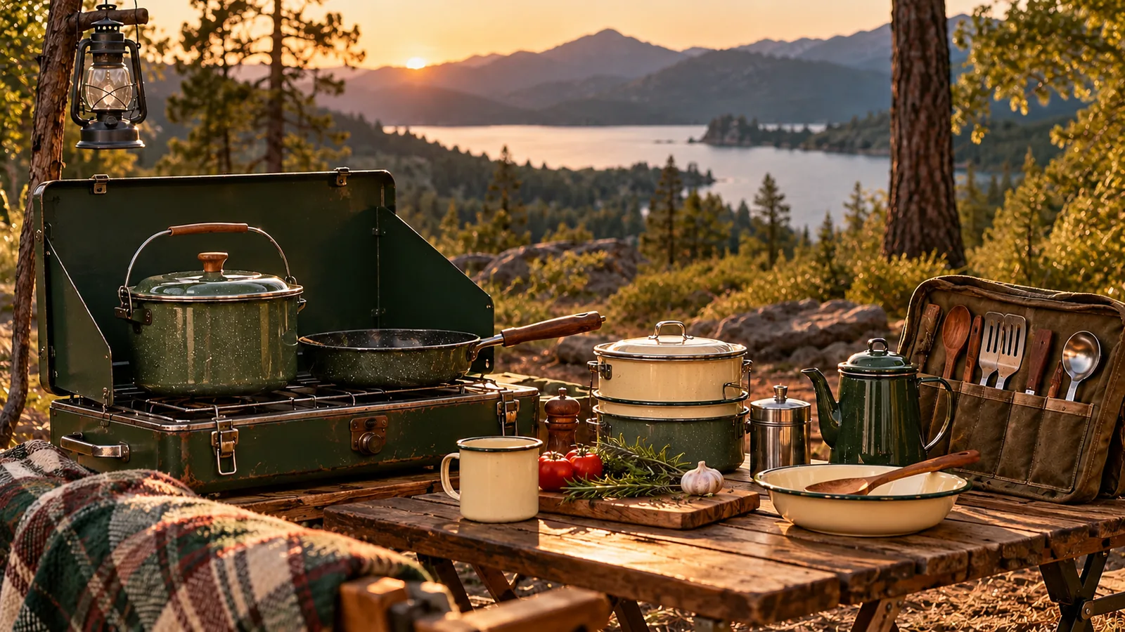 Vintage-style enamel cookware, a kettle and utensils are arranged on a wooden camp table beneath an unlit lantern.