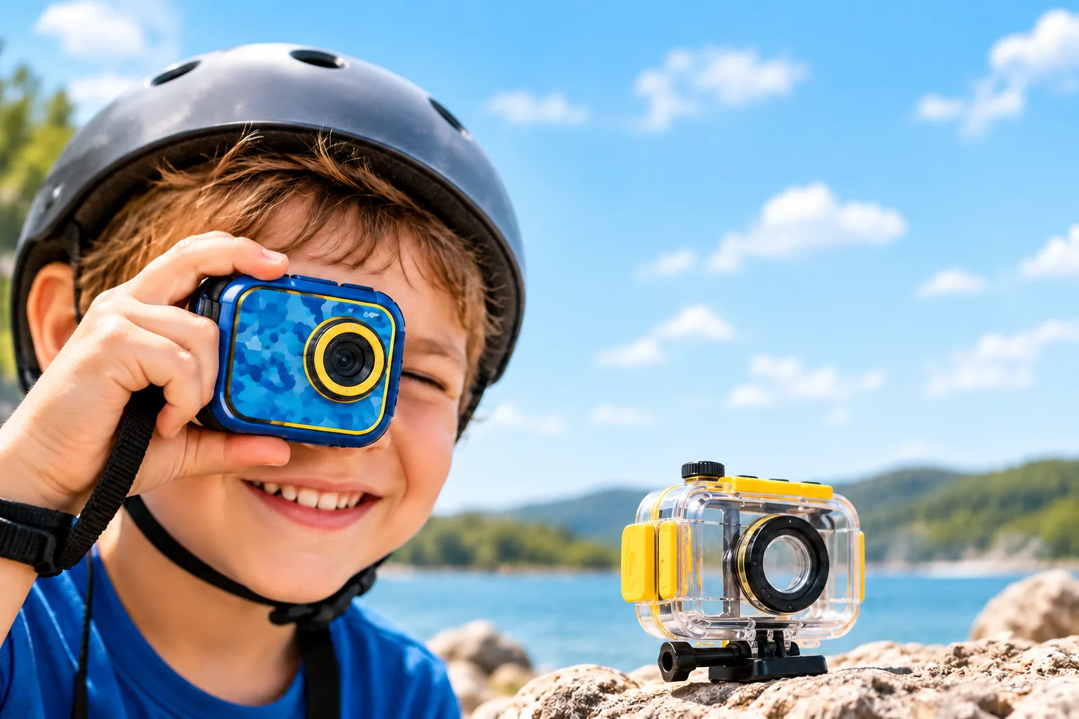 A child holds a toy action camera beside its separate clear protective housing.