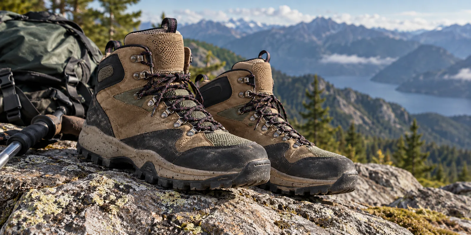 A pair of unbranded high-top hiking boots sits on rocky ground beside a backpack and trekking poles.