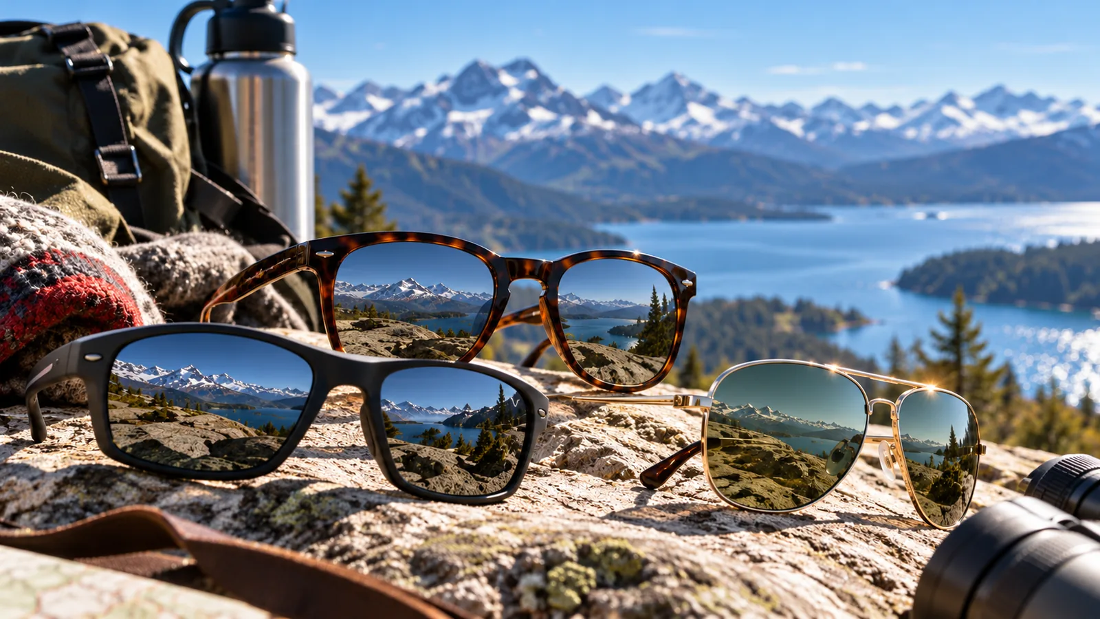Three unbranded sunglasses in different frame styles rest on a rocky overlook beside hiking gear.
