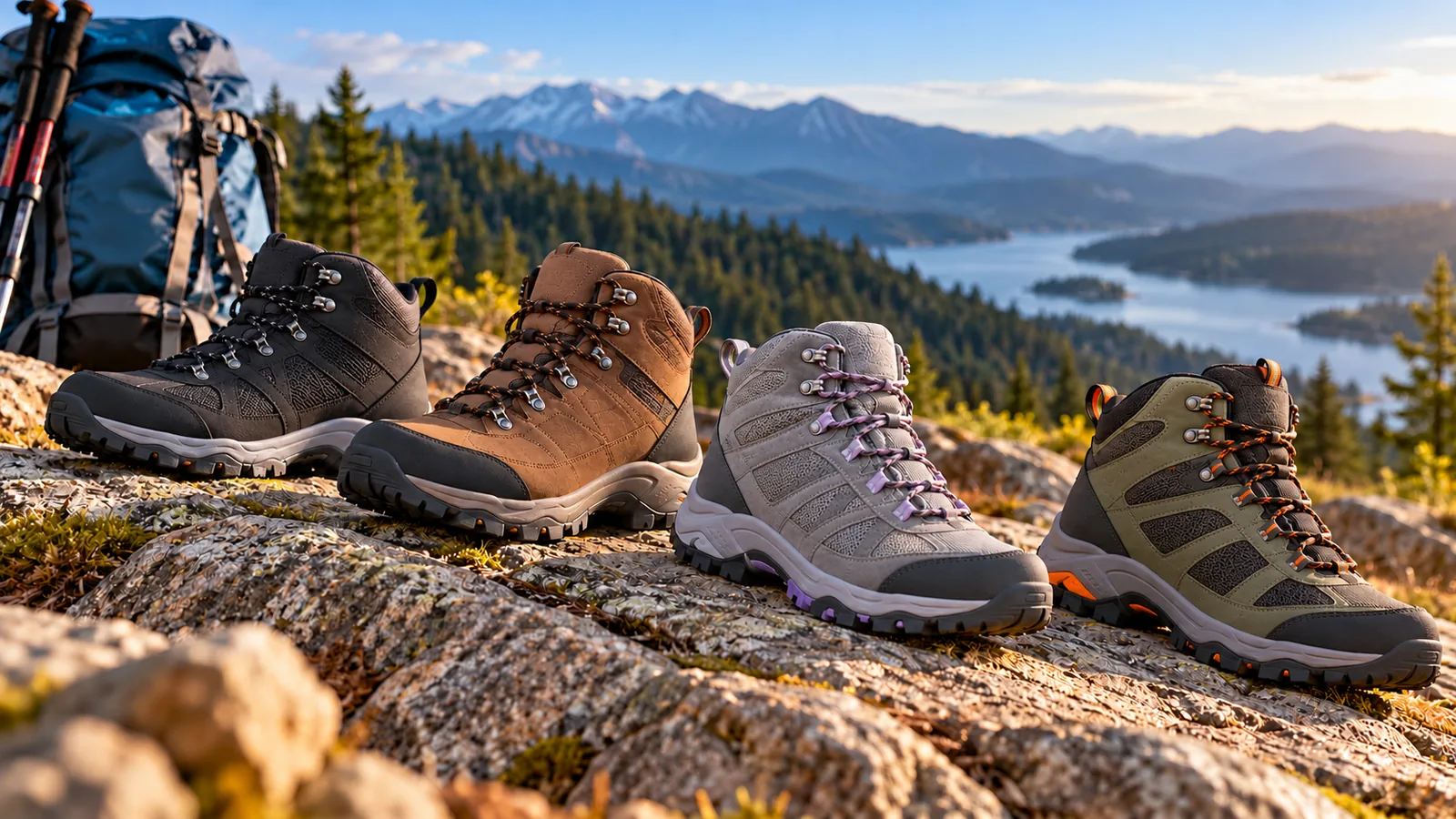 Four unbranded hiking boots sit on a rocky overlook above a mountain lake.
