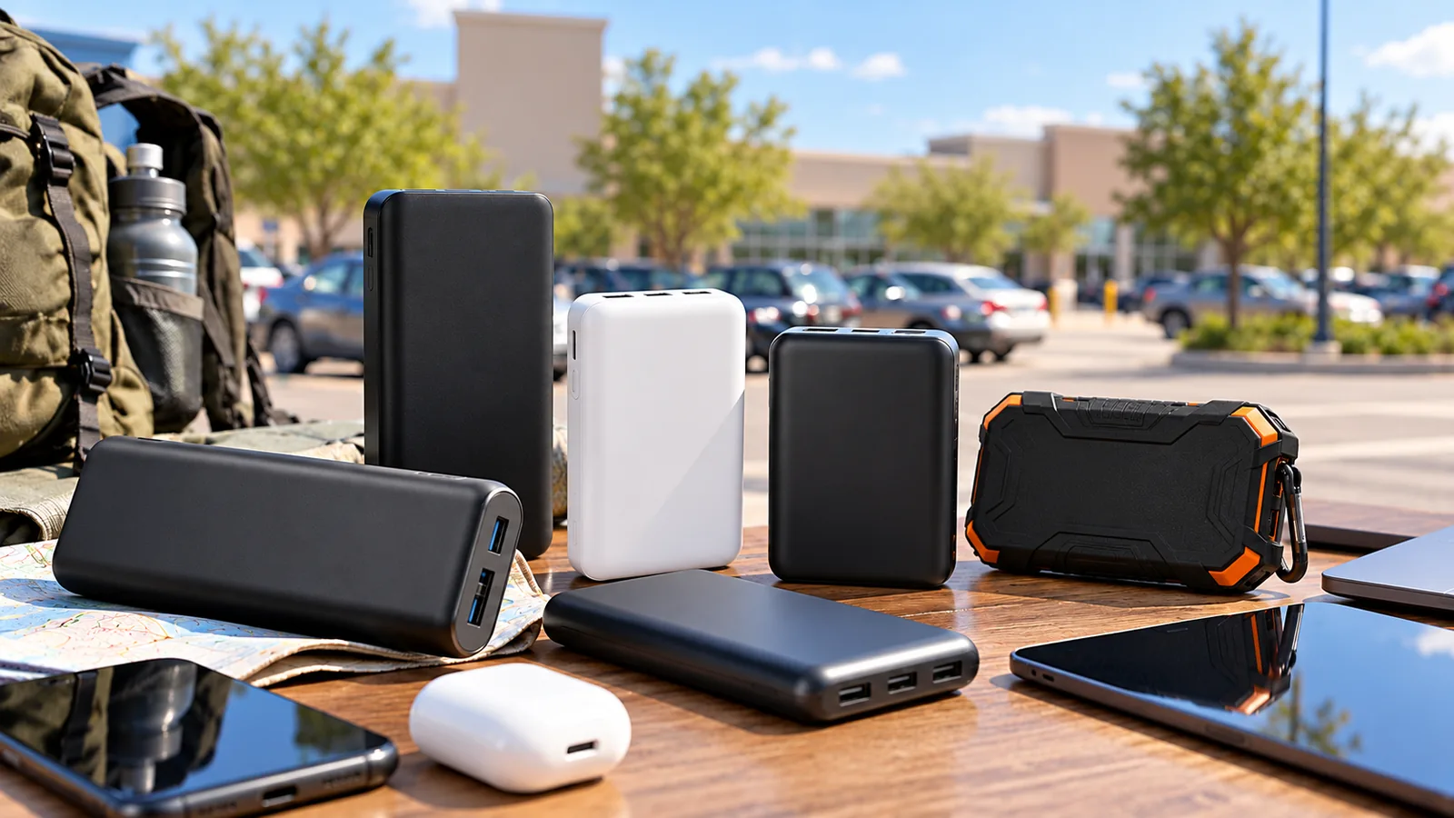 Several generic power banks in different sizes arranged near phones on a travel table.