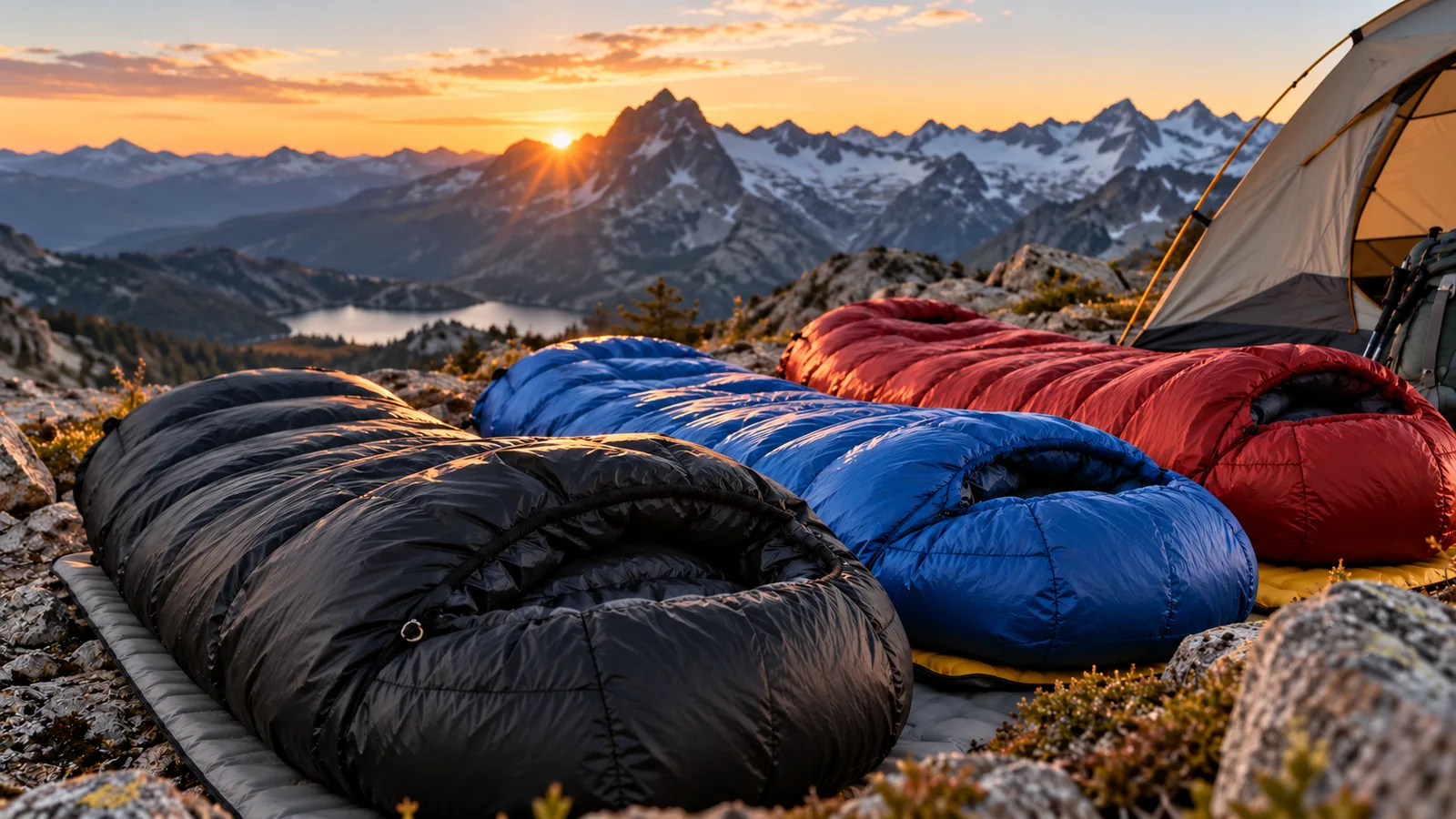 Three unbranded sleeping bags in different colors are arranged on pads at a high mountain campsite.