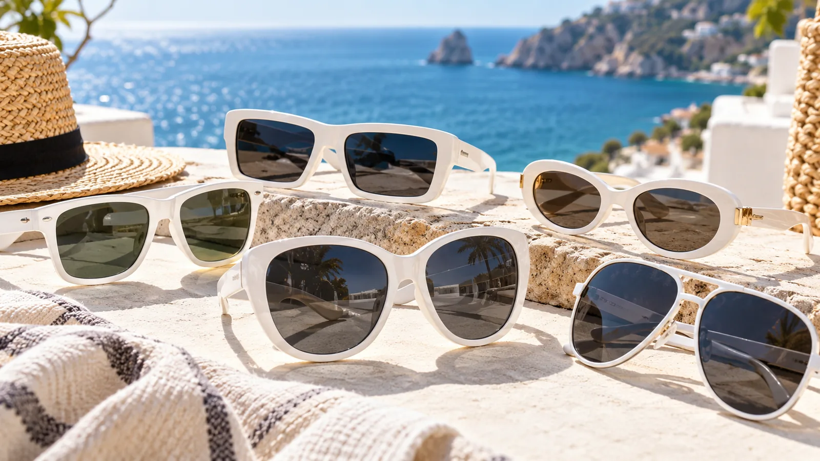 Several pairs of white-framed sunglasses with dark lenses arranged on a sunlit seaside ledge.