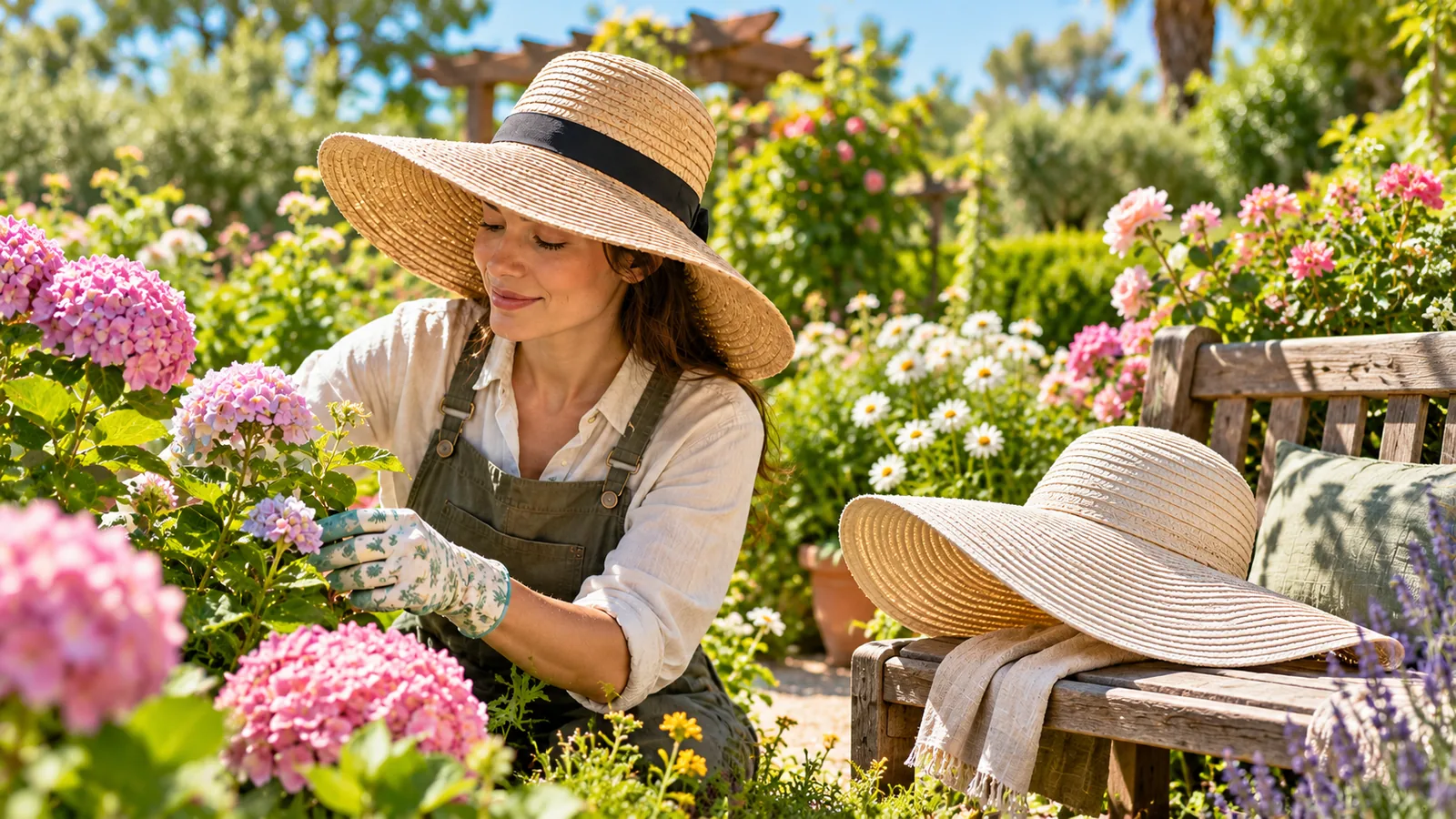 A gardener wears a wide-brim hat beside a second hat on a garden bench among flowers.