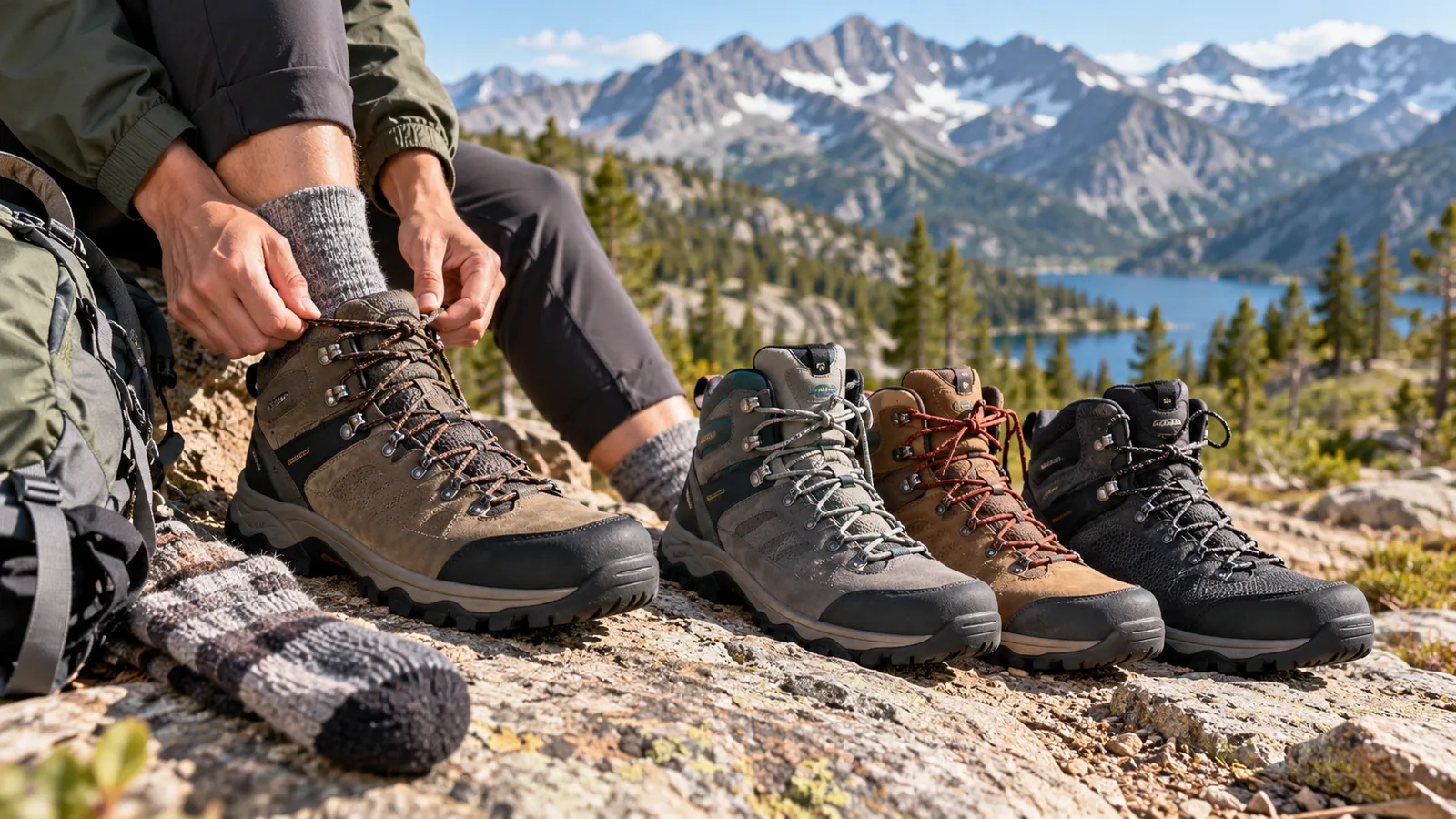 A hiker adjusts a broad-toed hiking boot beside three other hiking boots on a rocky trail.