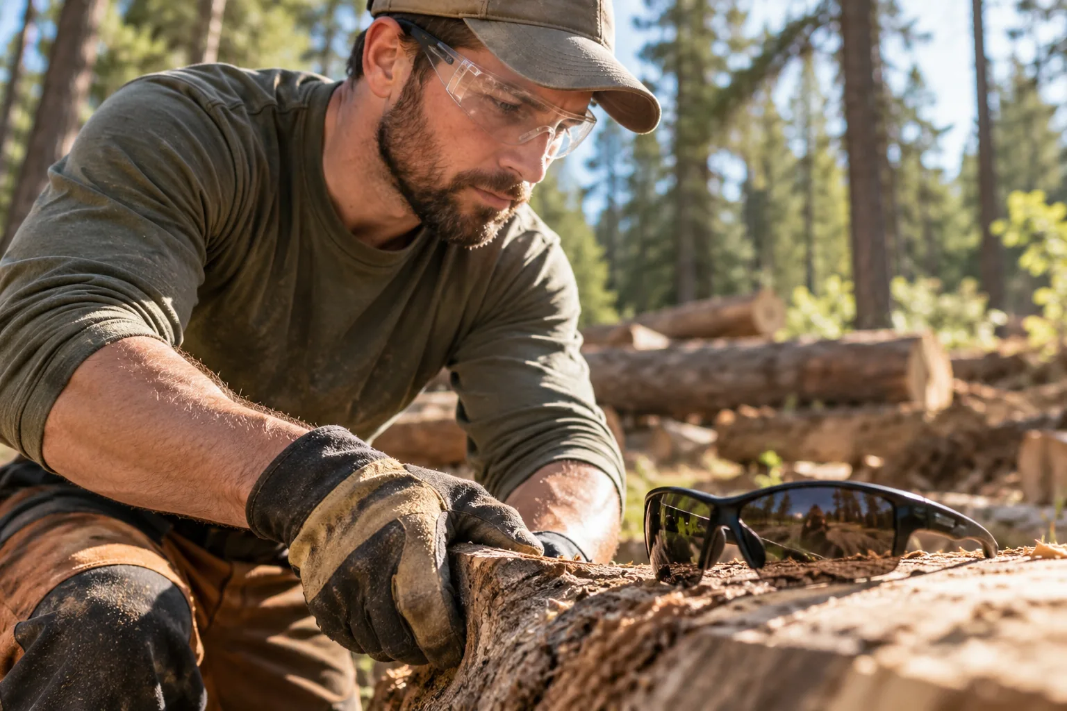 A worker wearing protective glasses while handling lumber.